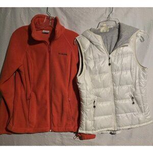 Lot 2 Tangerine White Down Puffer Vest AND Columbia Fleece Jacket Womens Size S